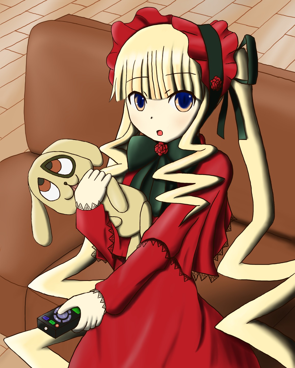 1girl blonde_hair blue_eyes bonnet bow controller dress game_controller holding image long_hair long_sleeves playing_games red_dress shinku sitting solo stuffed_animal