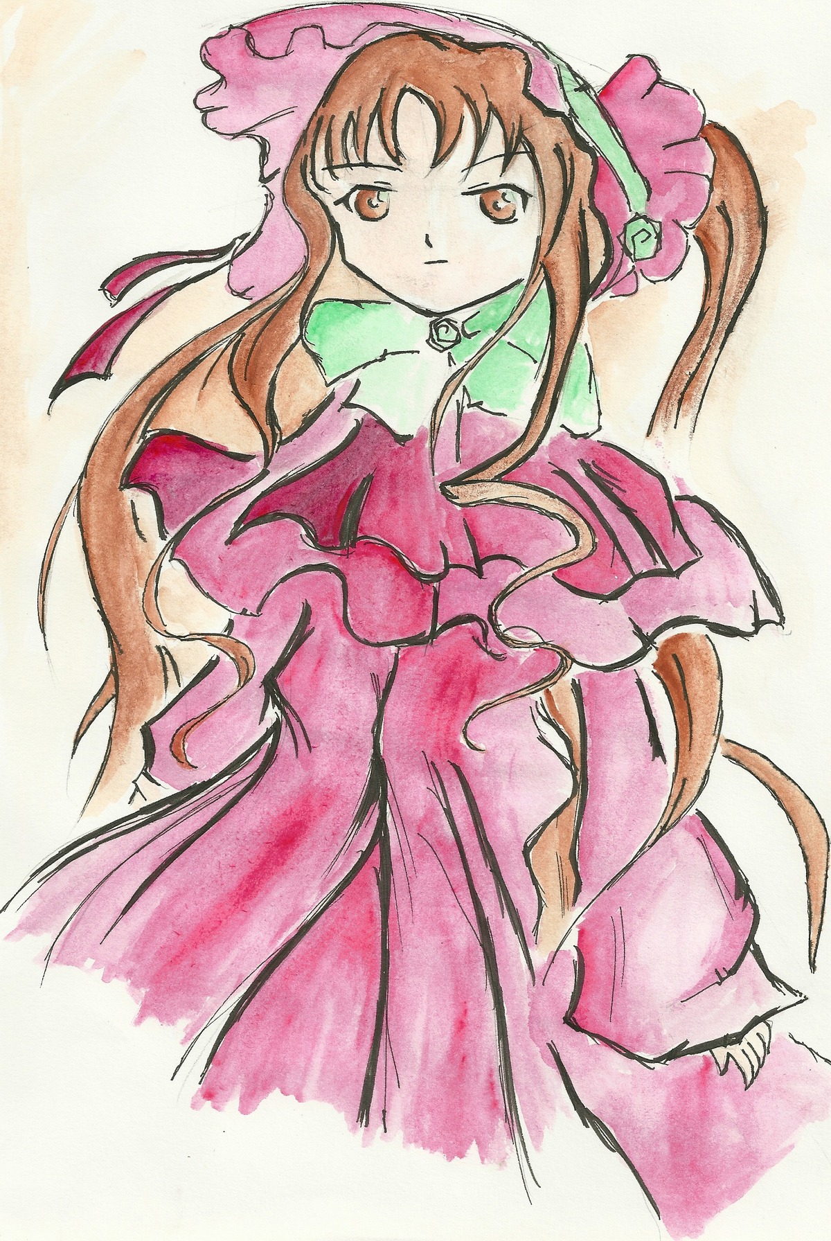 1girl bonnet brown_eyes brown_hair closed_mouth dress flower frills image long_hair long_sleeves looking_at_viewer pink_dress shinku simple_background solo standing traditional_media