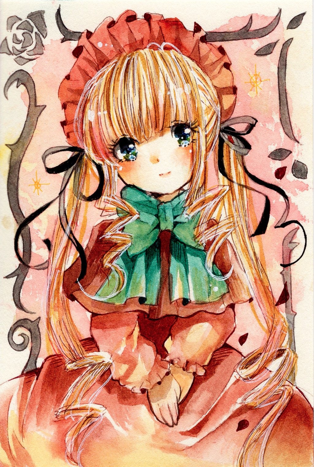 1girl blonde_hair blue_eyes blush bonnet bow bowtie dress drill_hair frills hair_ribbon image long_hair long_sleeves looking_at_viewer marker_(medium) ribbon shinku solo traditional_media very_long_hair watercolor_(medium)