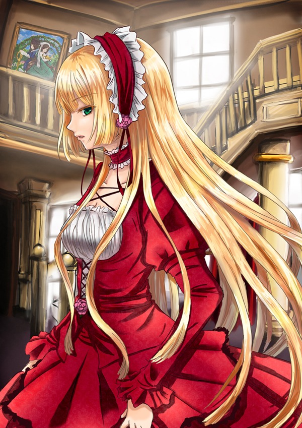 1girl bad_id bad_pixiv_id bangs blonde_hair blunt_bangs choker costume_switch crossover dress flower frills garan gosick green_eyes hairband handrail image indoors lolita_fashion lolita_hairband long_hair long_sleeves painting_(object) parted_lips photoshop_(medium) profile red_dress ribbon rozen_maiden solo souseiseki stairs standing suiseiseki very_long_hair victorica_de_blois