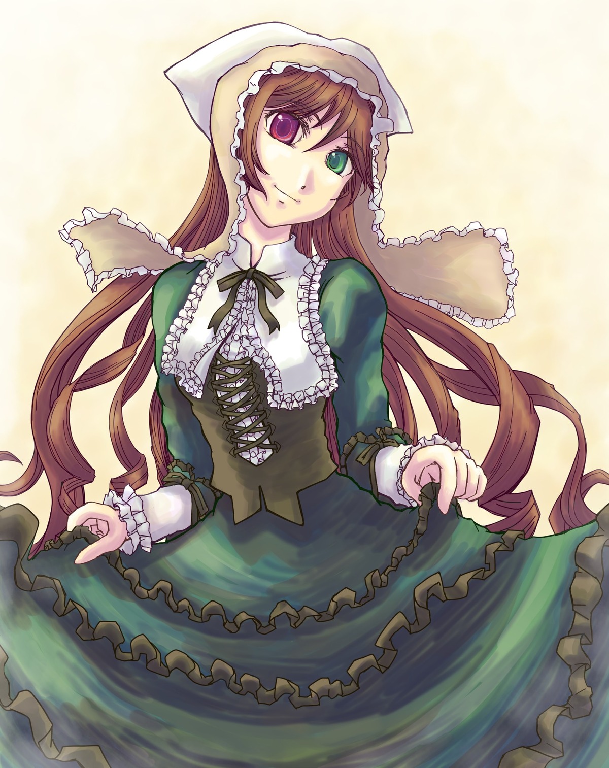 1girl brown_hair dress frills green_dress green_eyes head_scarf heterochromia image long_hair long_sleeves looking_at_viewer red_eyes simple_background smile solo suiseiseki very_long_hair yellow_background