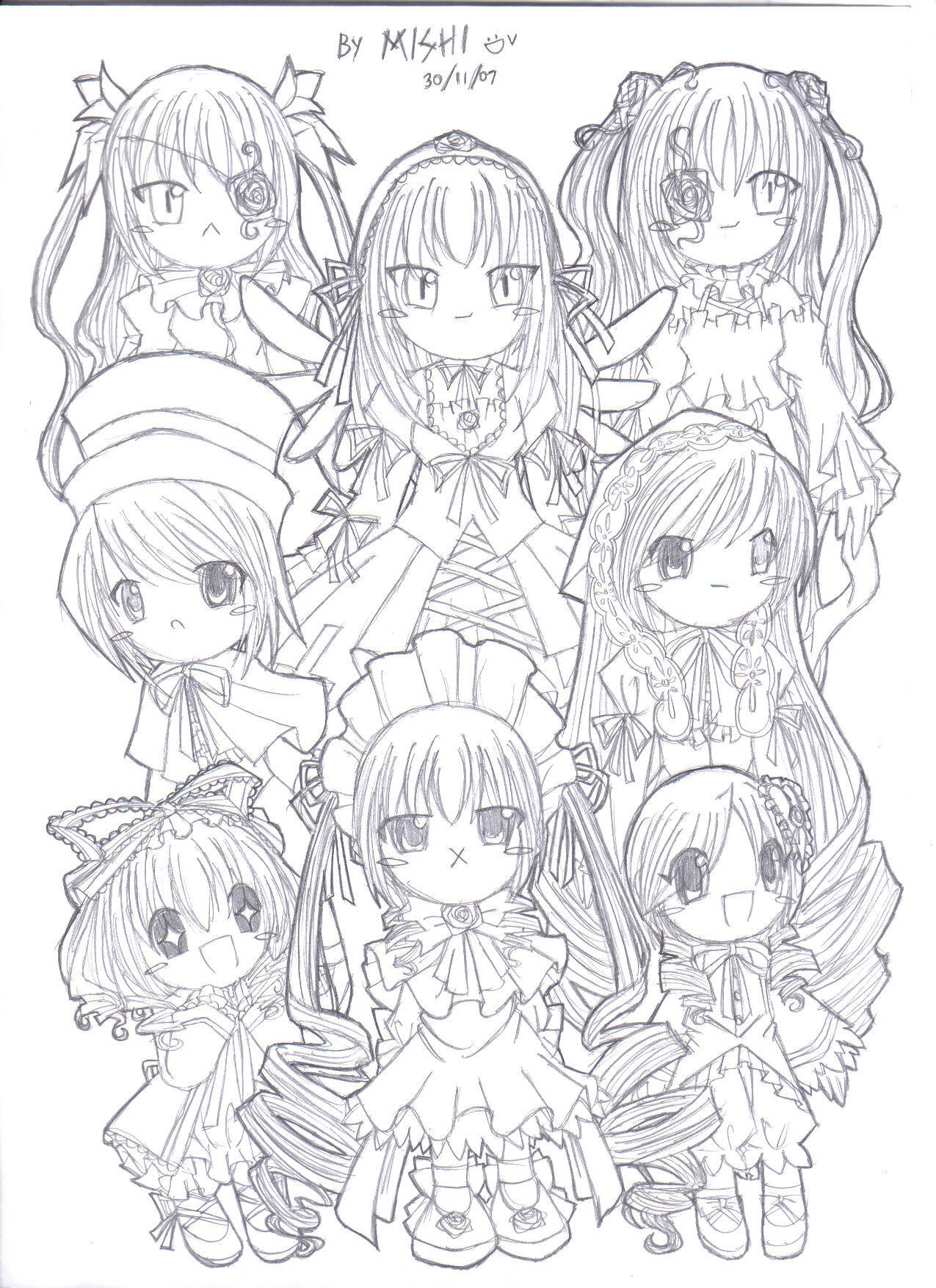 6+girls chibi dress eyepatch hat hina_ichigo image kanaria long_hair monochrome multiple multiple_girls shinku smile souseiseki suigintou suiseiseki tagme top_hat twintails two_side_up very_long_hair