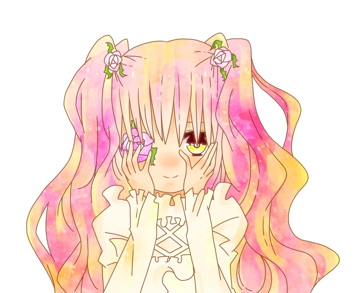 1girl auto_tagged blush flower gradient_hair hair_flower hair_ornament hands_on_own_cheeks hands_on_own_face image kirakishou long_hair multicolored_hair pink_hair rose smile solo striped upper_body vertical_stripes yellow_eyes