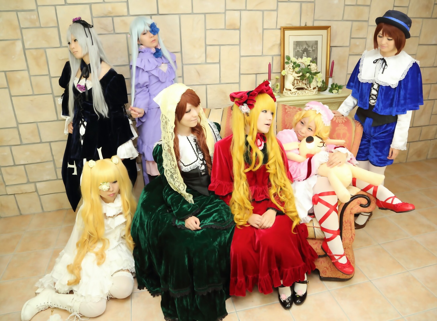 6+girls blonde_hair bow brown_hair closed_eyes dress hair_ornament hat long_hair long_sleeves mini_hat multiple_cosplay multiple_girls pantyhose shinku short_hair silver_hair sitting souseiseki tagme top_hat very_long_hair