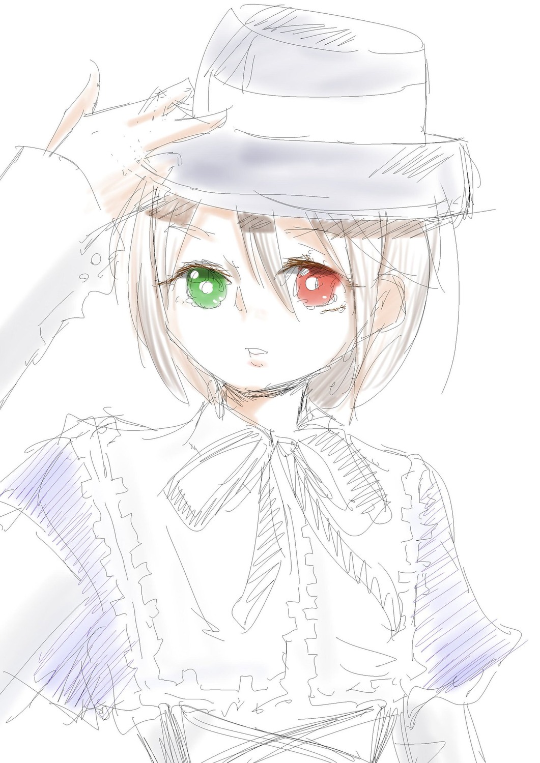 1girl bangs capelet green_eyes hair_between_eyes hat heterochromia image looking_at_viewer neck_ribbon red_eyes ribbon sketch solo souseiseki striped upper_body vertical_stripes white_background