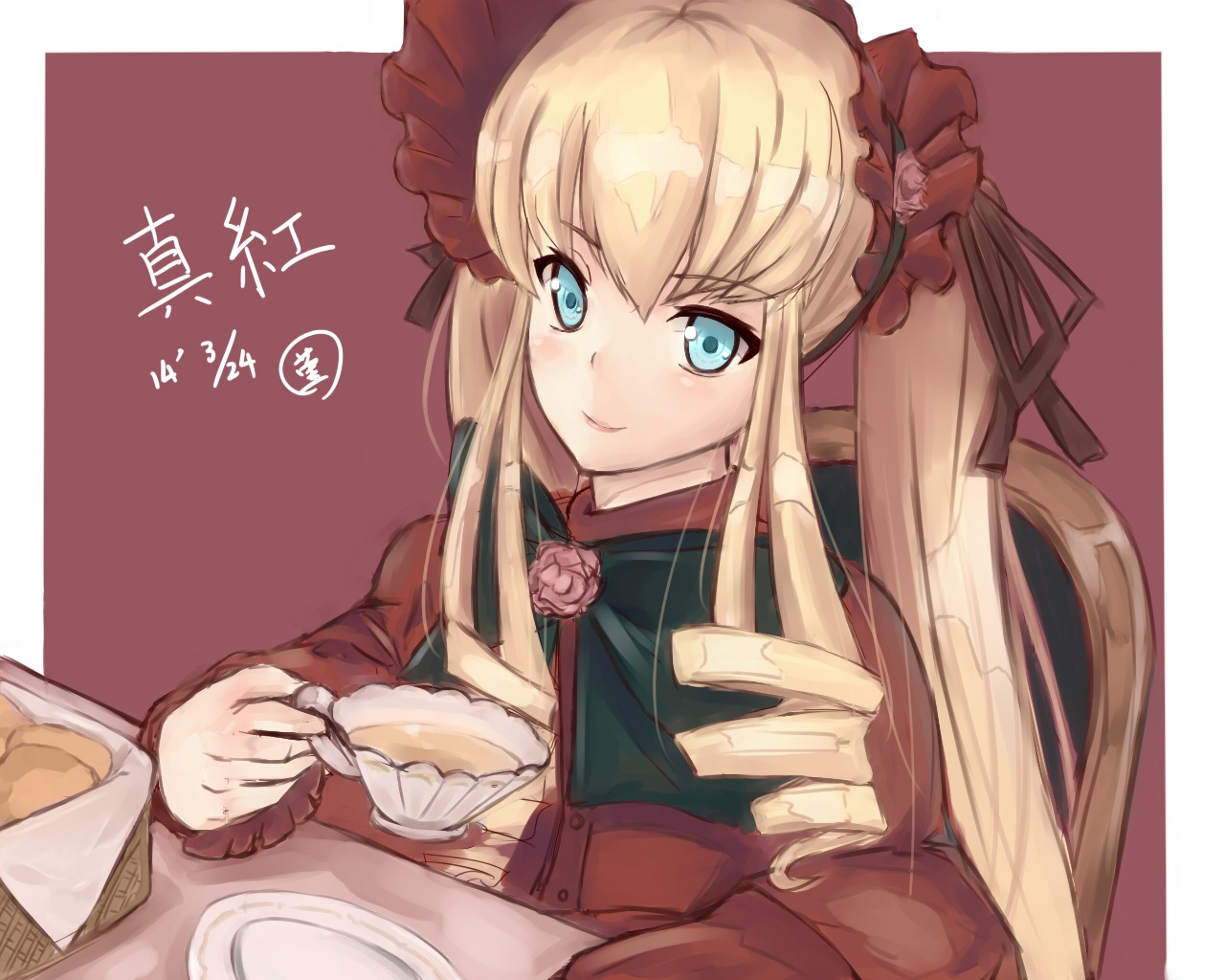 1girl blonde_hair blue_eyes bonnet cup drill_hair flower food image long_hair long_sleeves looking_at_viewer rose saucer shinku smile solo teacup twintails upper_body