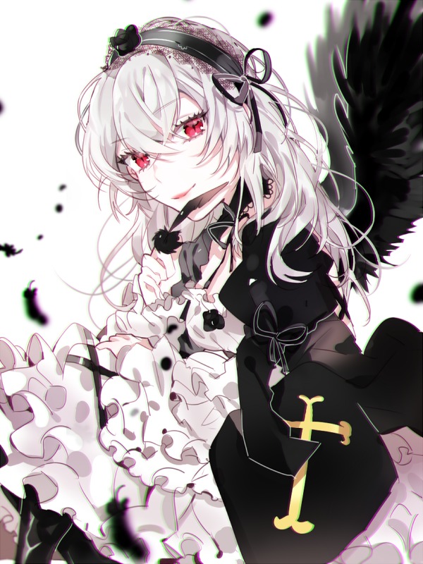 1girl bad_id bad_pixiv_id bangs black_dress black_wings blurry blurry_foreground closed_mouth depth_of_field dress eyebrows_visible_through_hair feathered_wings feathers flower frills hair_between_eyes hairband image long_hair long_sleeves looking_at_viewer piyo_(ppotatto) puffy_sleeves red_eyes ribbon rose rozen_maiden silver_hair smile solo suigintou white_background white_hair wings