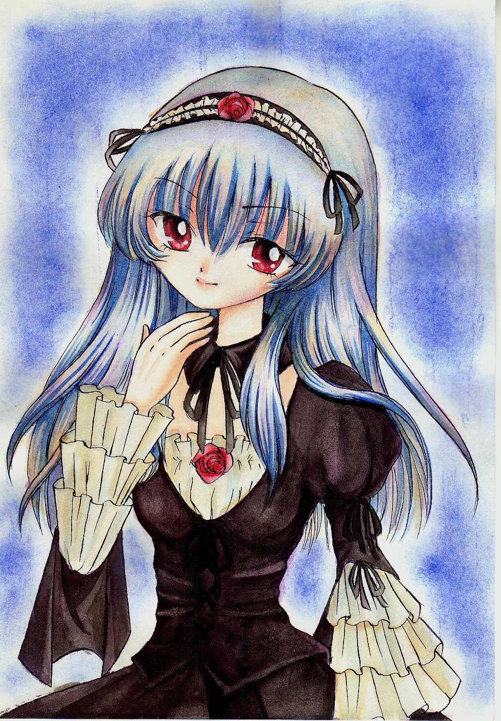 1girl black_dress dress flower frills hairband image juliet_sleeves long_hair long_sleeves looking_at_viewer marker_(medium) puffy_sleeves red_eyes ribbon rose solo suigintou traditional_media wings