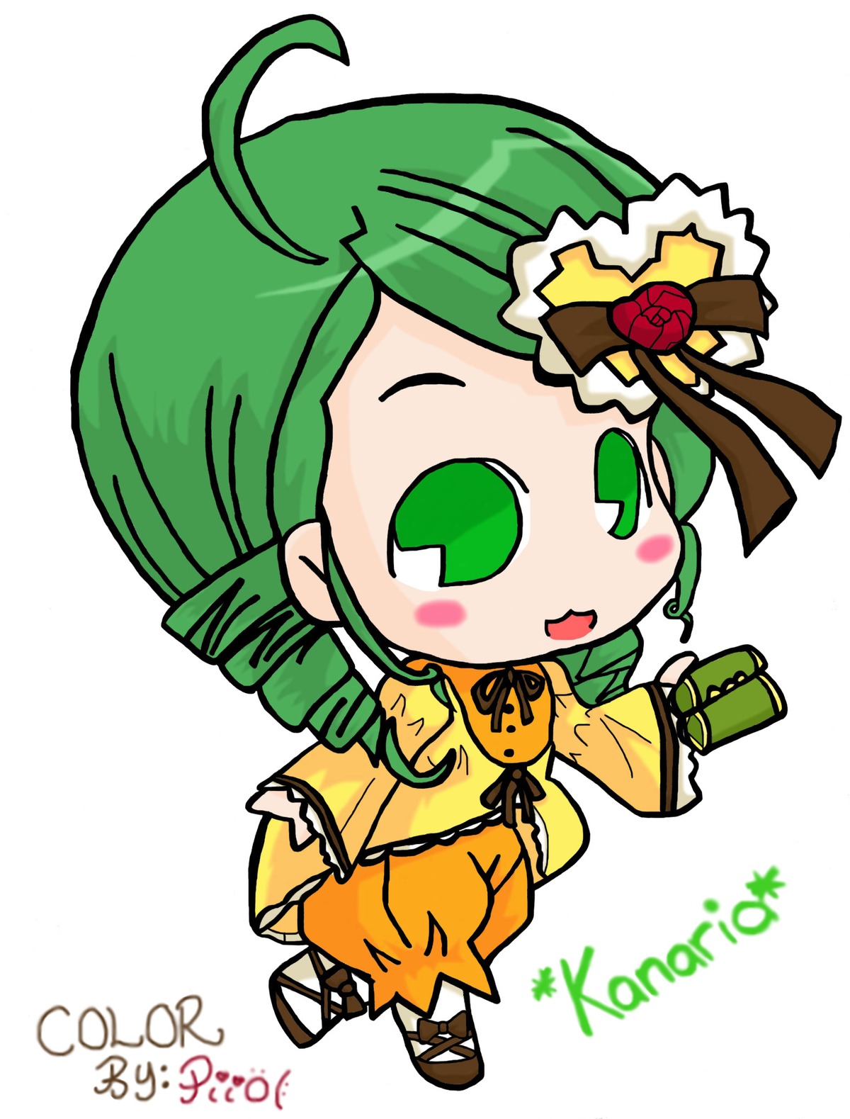 1girl :d ahoge artist_name blush_stickers bow chibi dated dress drill_hair flower frills full_body green_eyes green_hair holding image kanaria long_hair long_sleeves open_mouth rose simple_background smile solo standing white_background yellow_dress