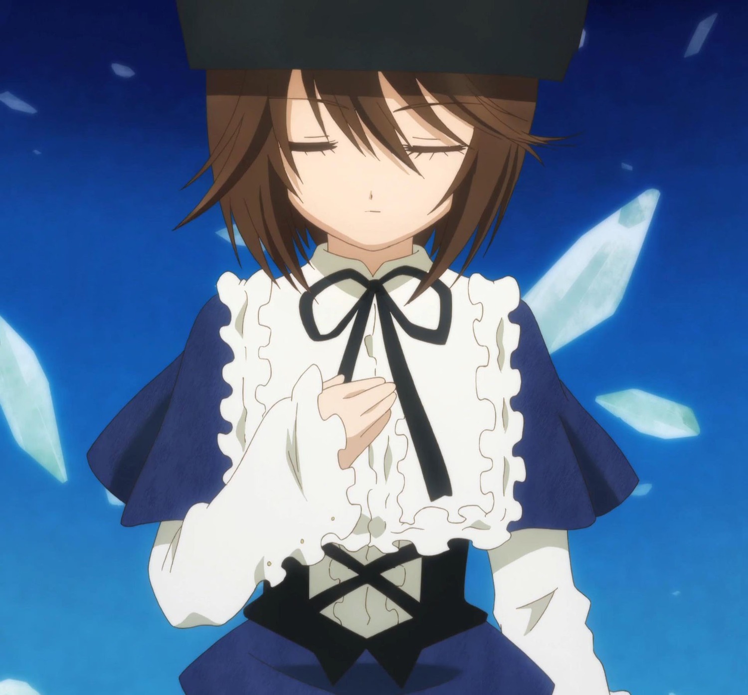 1girl black_ribbon blue_background brown_hair capelet closed_eyes hat image long_sleeves neck_ribbon paper ribbon shirt short_hair skirt solo souseiseki wings