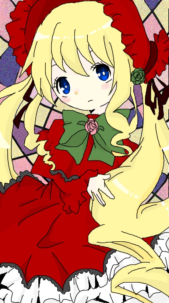 1girl blonde_hair blue_eyes bonnet bow bowtie dress flower frills green_bow image long_hair long_sleeves looking_at_viewer red_dress rose shinku solo twintails