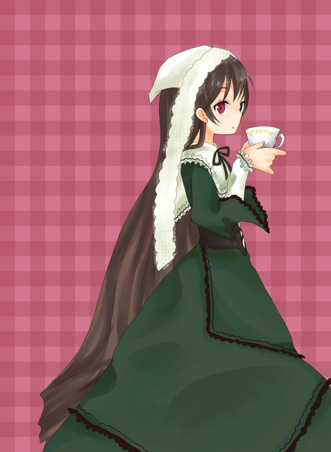 1girl brown_hair checkered checkered_background cup dress frills green_dress image long_hair long_sleeves plaid plaid_background red_eyes ribbon solo suiseiseki very_long_hair