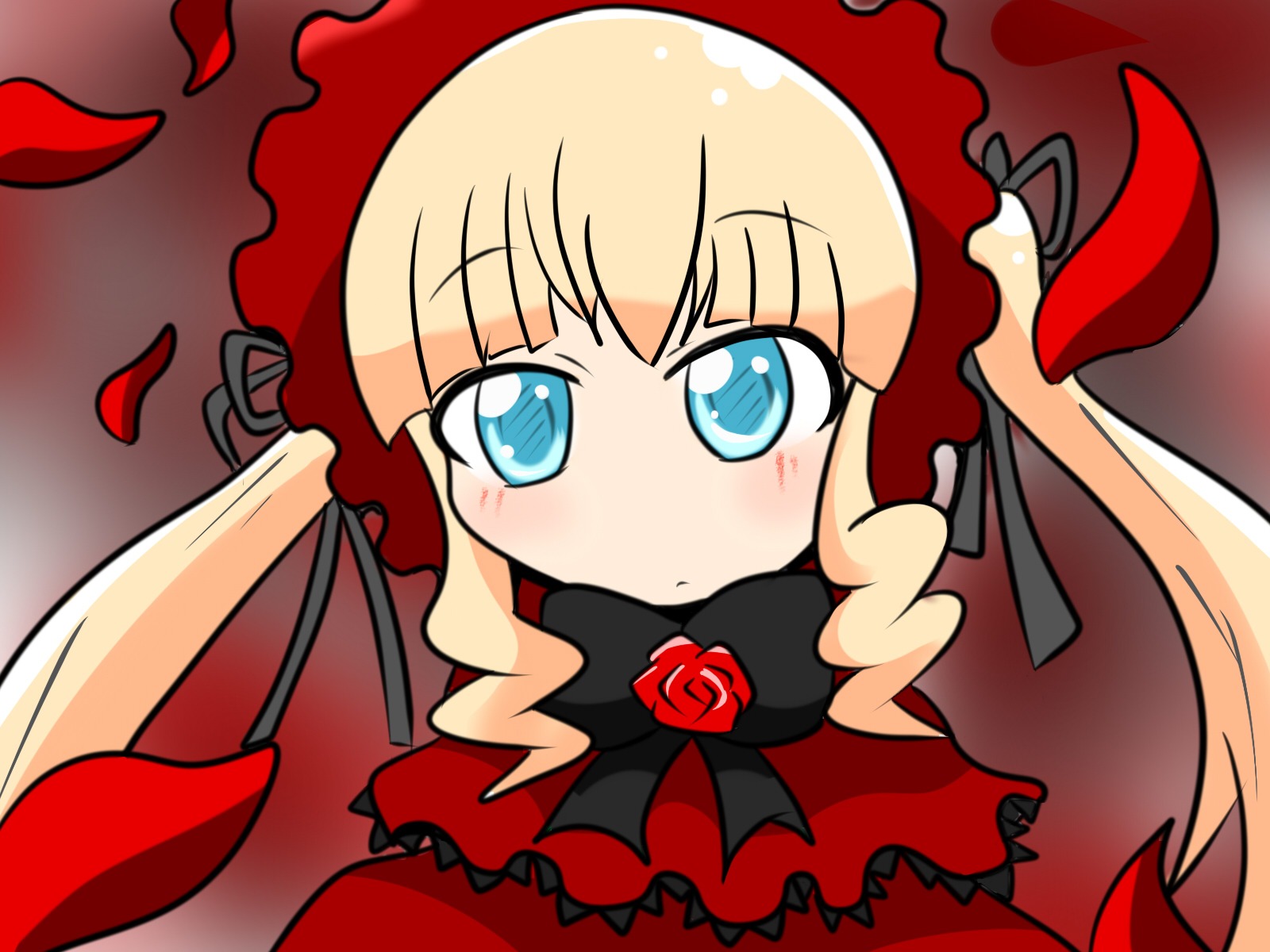 1girl black_ribbon blonde_hair blue_eyes blush bow chibi dress eyebrows_visible_through_hair flower image long_hair petals red_dress red_flower red_rose ribbon rose shinku solo twintails