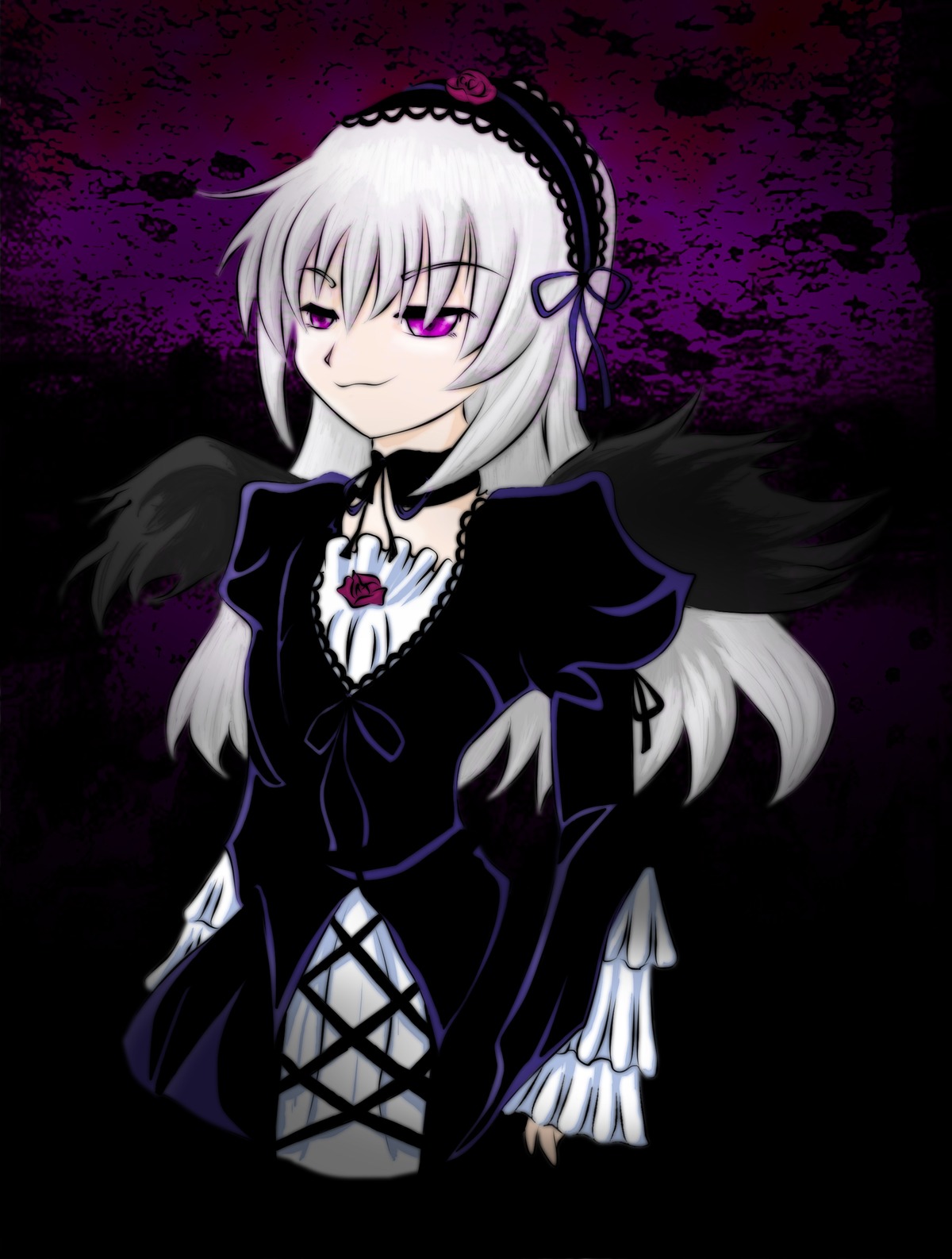 1girl auto_tagged black_dress black_wings detached_collar dress frills hairband image long_hair long_sleeves looking_at_viewer pink_eyes silver_hair smile solo suigintou wings