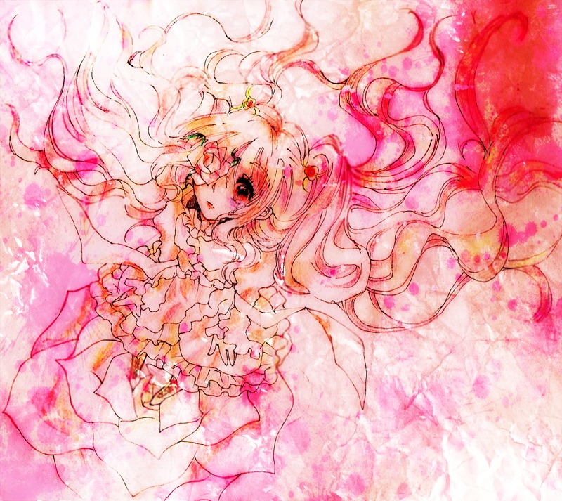 1girl detached_sleeves flower frills fruit hair_ornament hatsune_miku image kirakishou long_hair pink_eyes pink_hair pink_theme sakura_miku skirt solo traditional_media twintails very_long_hair watercolor_(medium)