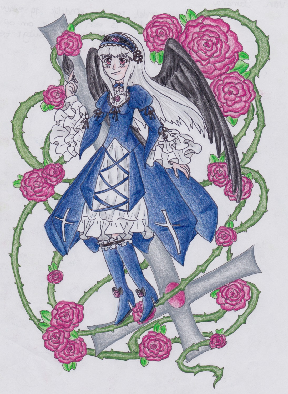 1girl blue_dress dress flower frills gothic_lolita hairband image lolita_fashion long_hair long_sleeves looking_at_viewer pink_flower pink_rose plant puffy_sleeves purple_flower purple_rose red_eyes red_flower red_rose rose smile solo suigintou thorns traditional_media vines watercolor_(medium) white_hair wings