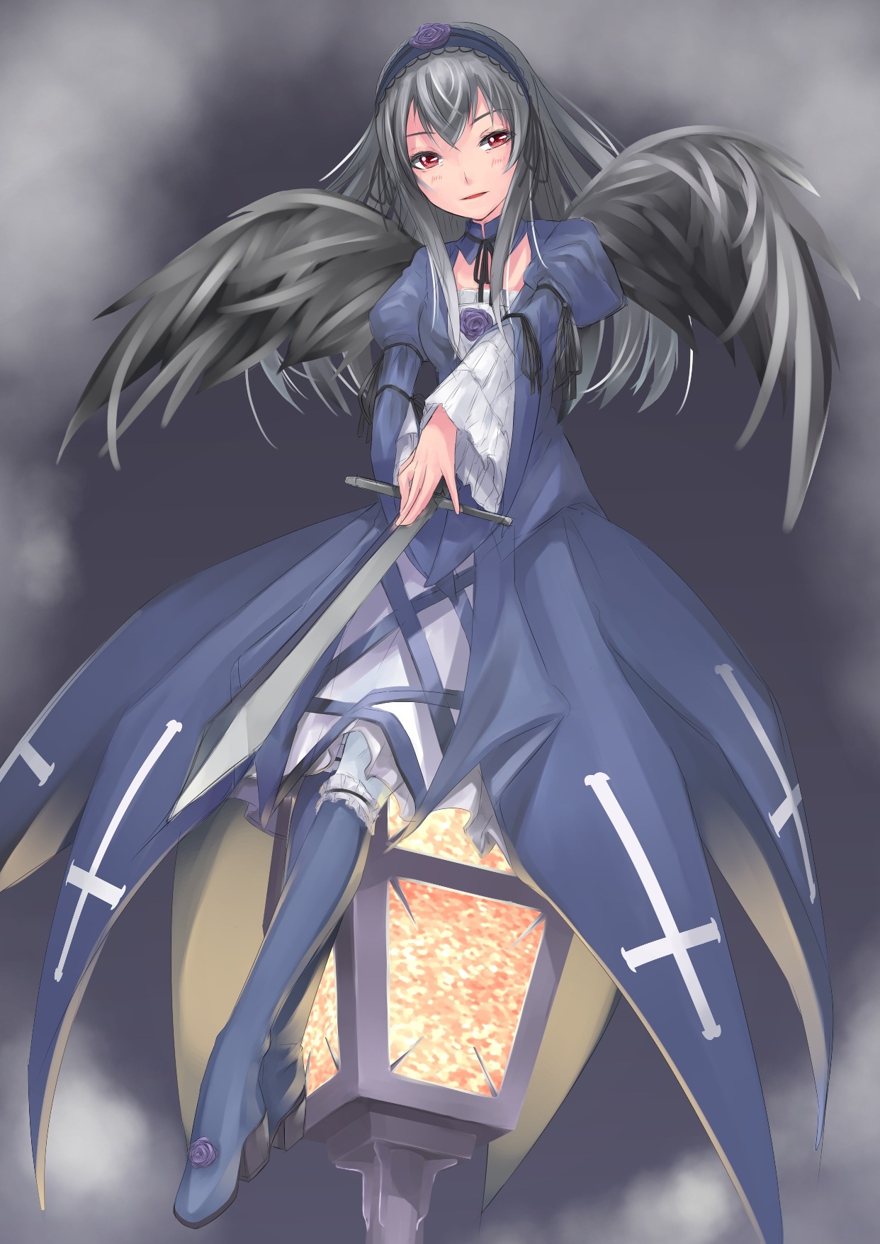 1girl auto_tagged black_wings boots dress frills full_body hairband image long_hair red_eyes rose silver_hair solo suigintou weapon wings