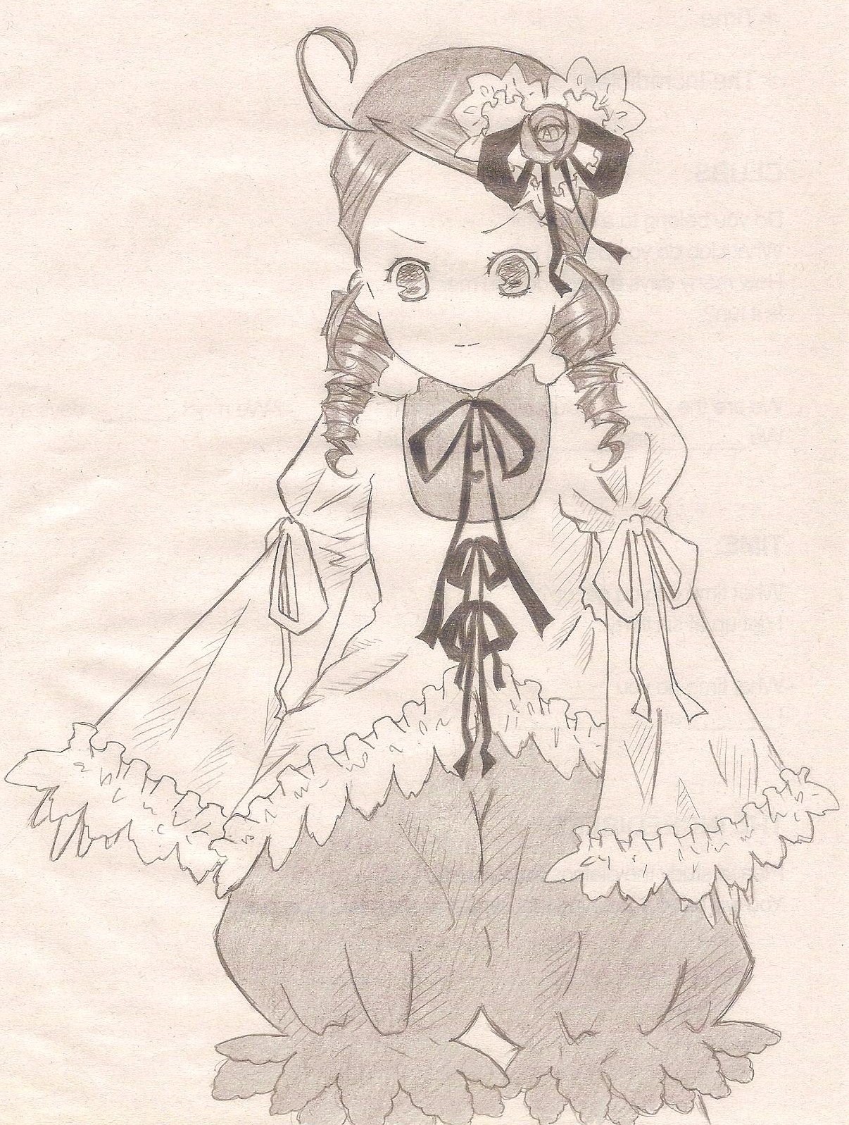 1girl ahoge black_ribbon closed_mouth dress drill_hair flower frills hat image kanaria long_sleeves looking_at_viewer monochrome puffy_sleeves ribbon rose solo twin_drills