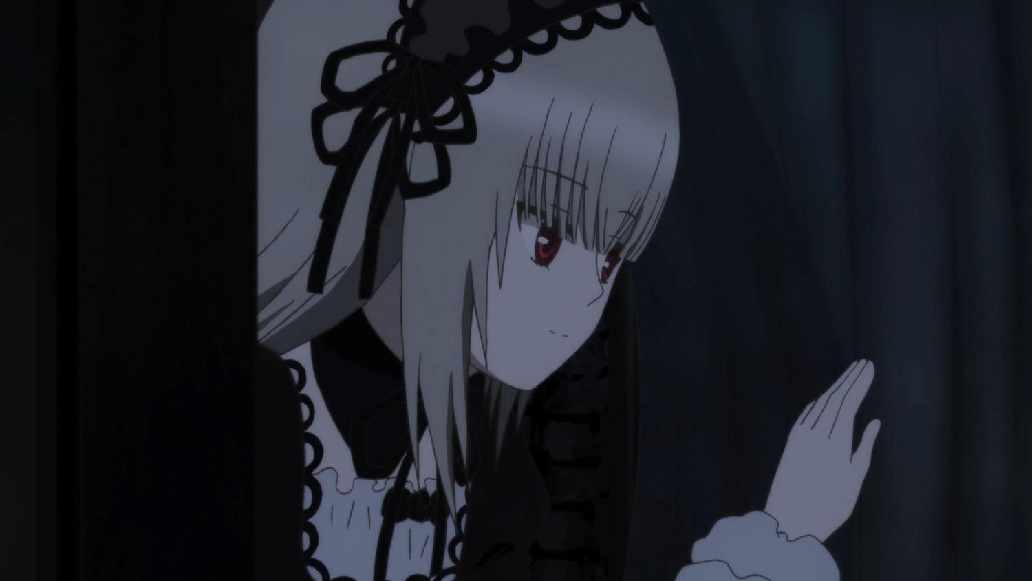 1girl bangs black_ribbon closed_mouth dress eyebrows_visible_through_hair hair_ribbon hairband image long_hair long_sleeves red_eyes ribbon silver_hair smile solo suigintou