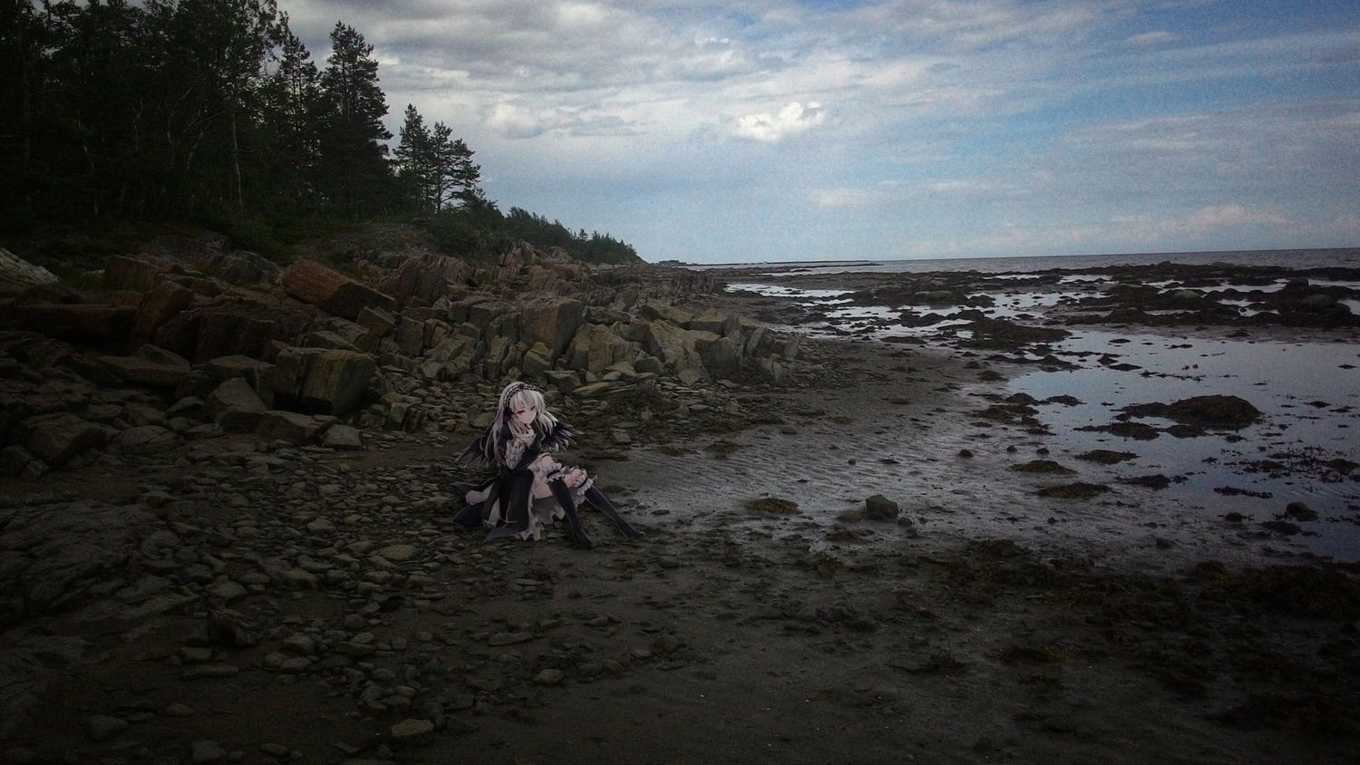 1girl cloud cloudy_sky dress image long_hair ocean outdoors scenery sitting sky solo suigintou very_long_hair water