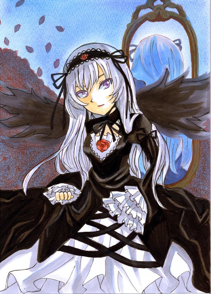 2girls black_dress black_wings blue_hair dress feathered_wings feathers flower frills hairband image long_hair long_sleeves looking_at_viewer multiple_girls ribbon solo suigintou traditional_media wings
