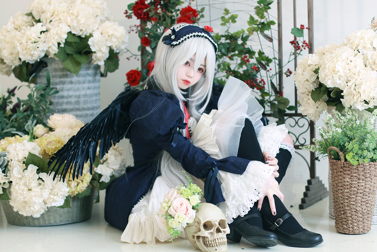 1girl dress flower lips long_hair rose sitting solo suigintou white_hair