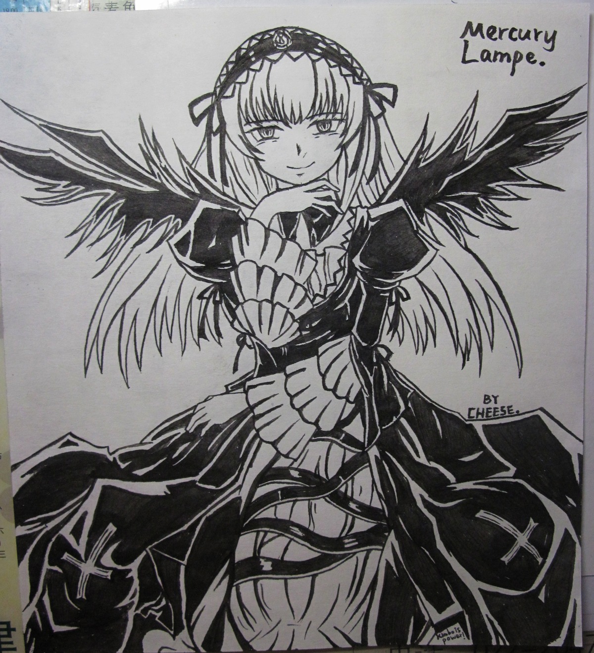 1girl dated dress frilled_sleeves frills greyscale hairband image long_hair long_sleeves looking_at_viewer monochrome shikishi smile solo suigintou traditional_media wings