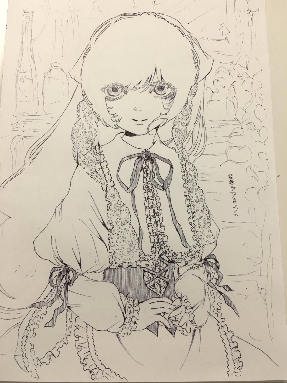 1girl braid dress frills greyscale image long_sleeves looking_at_viewer monochrome ribbon solo suiseiseki traditional_media