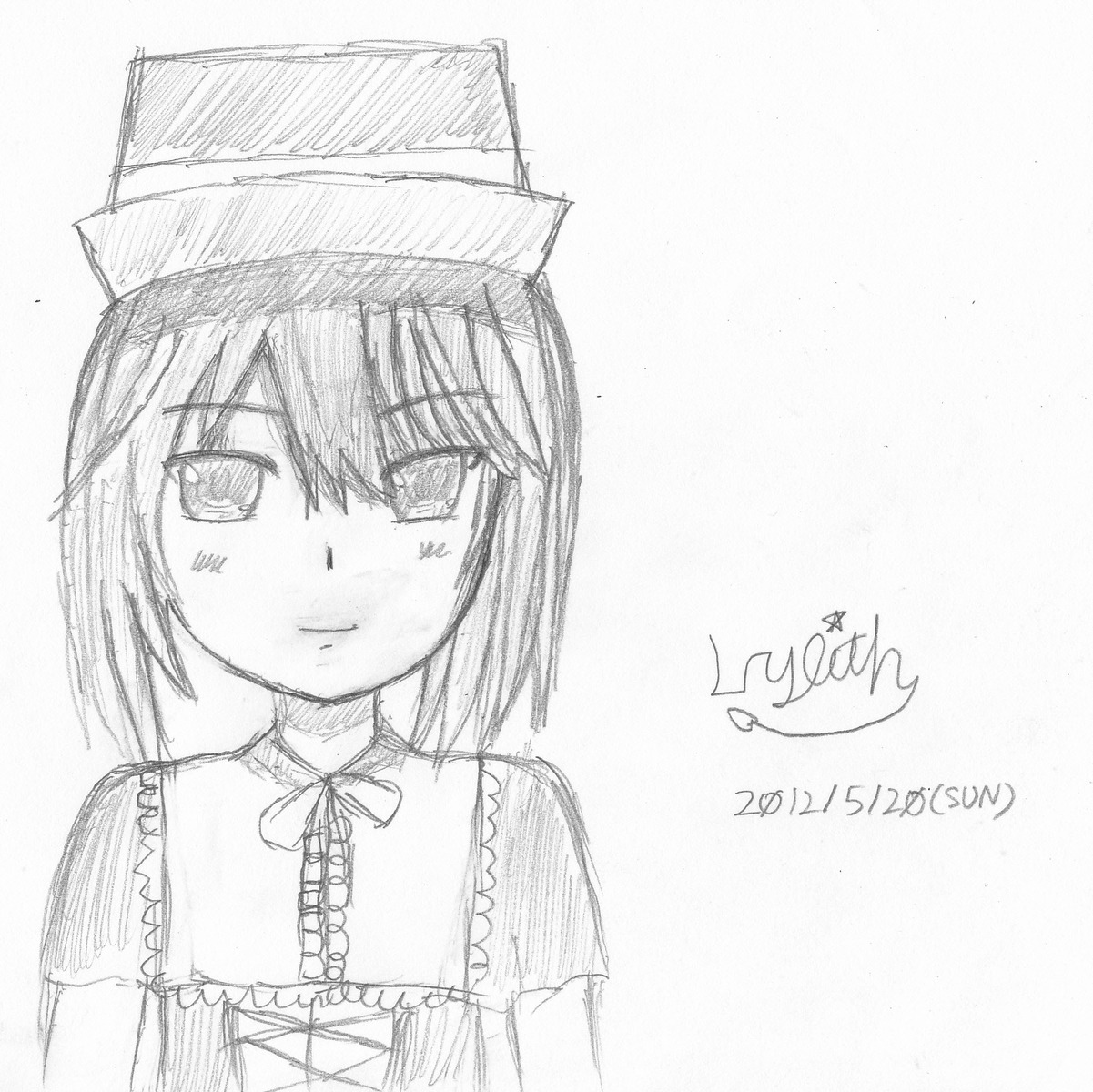 1girl auto_tagged blush character_name dated eyebrows_visible_through_hair hat image looking_at_viewer monochrome short_hair sketch smile solo souseiseki upper_body