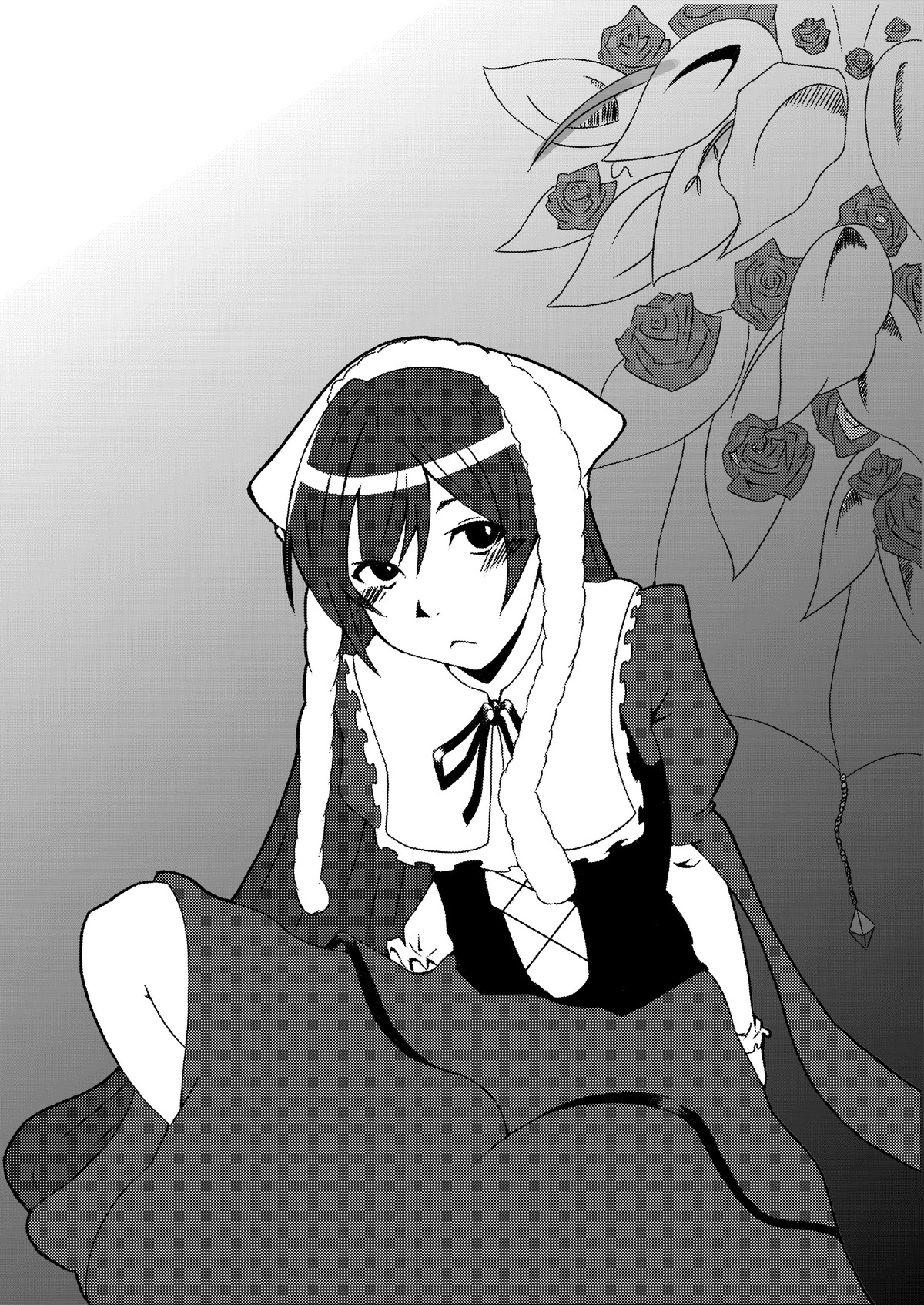 1girl dress flower greyscale image long_hair looking_at_viewer monochrome red_rose ribbon rose sitting solo suiseiseki