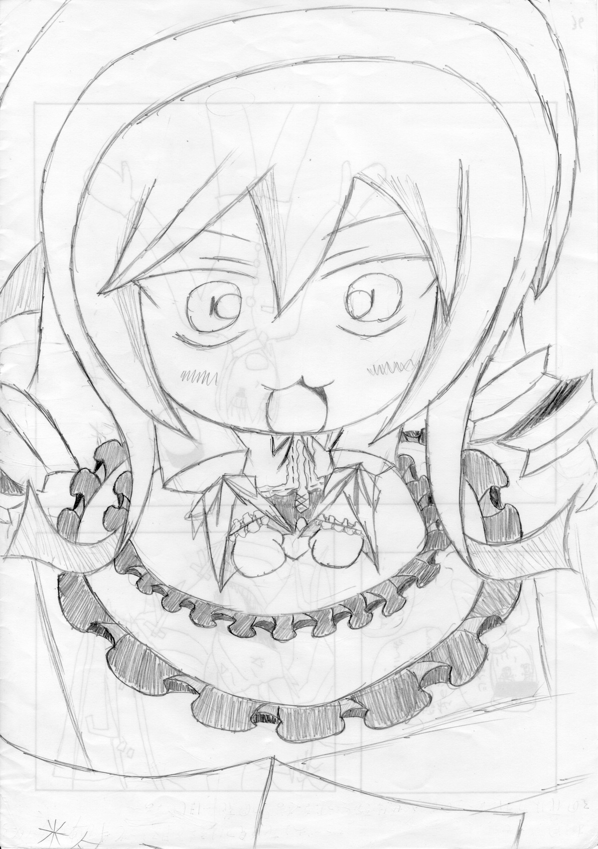 1girl blush chibi dress drill_hair full_body greyscale hair_between_eyes image long_hair monochrome open_mouth smile solo suiseiseki traditional_media