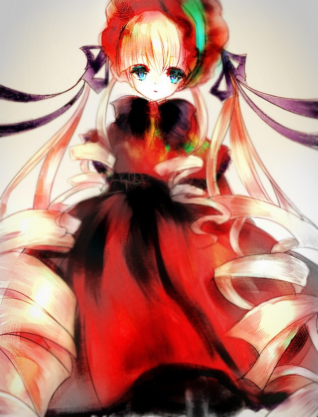 1girl blonde_hair blue_eyes bonnet bow bowtie dress grey_background hat image long_hair long_sleeves looking_at_viewer red_dress shinku simple_background solo standing twintails very_long_hair