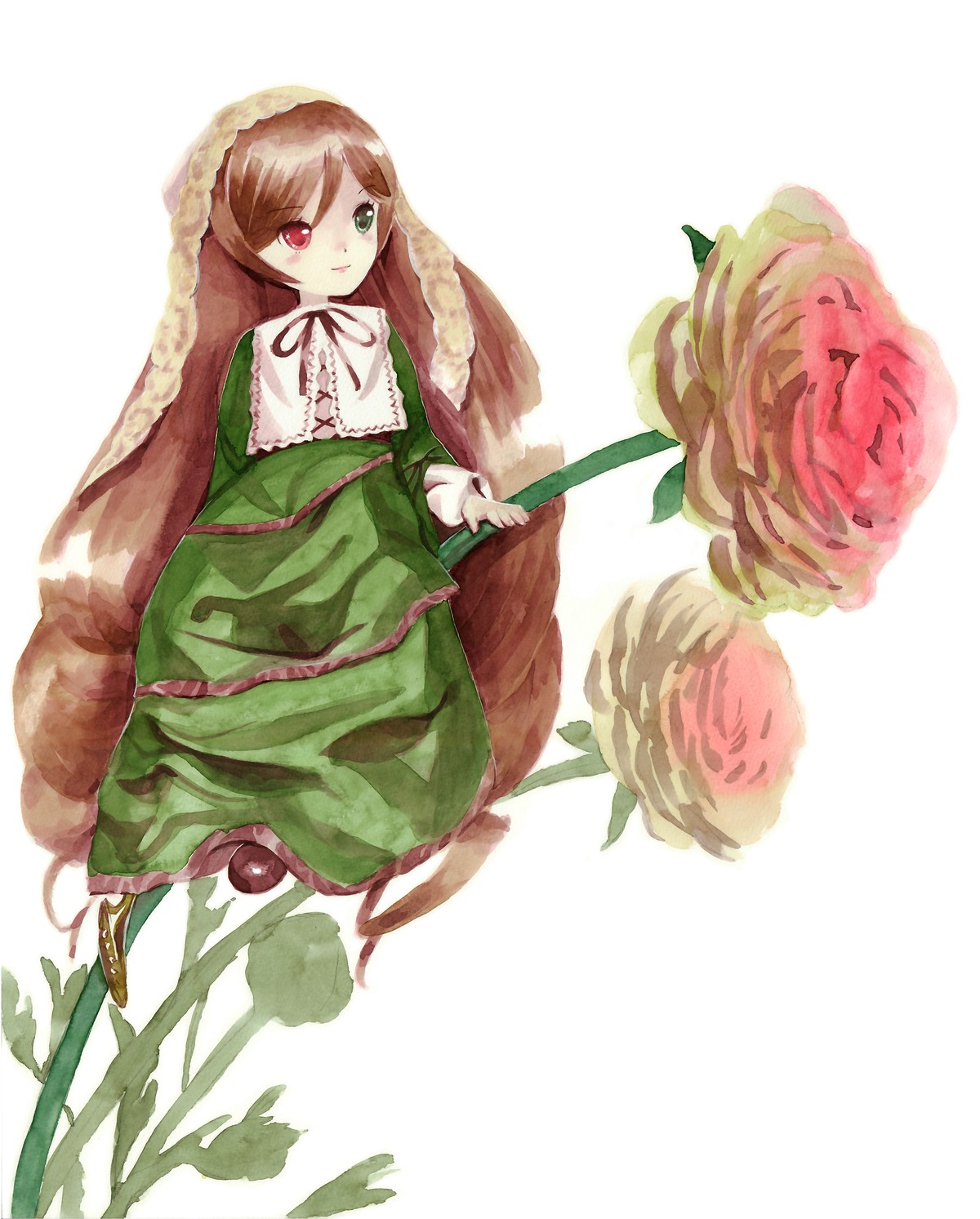 1girl absurdres brown_hair commentary_request dress flower frills full_body green_dress green_eyes hairband heterochromia highres image long_hair long_sleeves looking_at_viewer missacula red_eyes ribbon rose rozen_maiden sitting solo striped suiseiseki traditional_media very_long_hair watering_can white_background