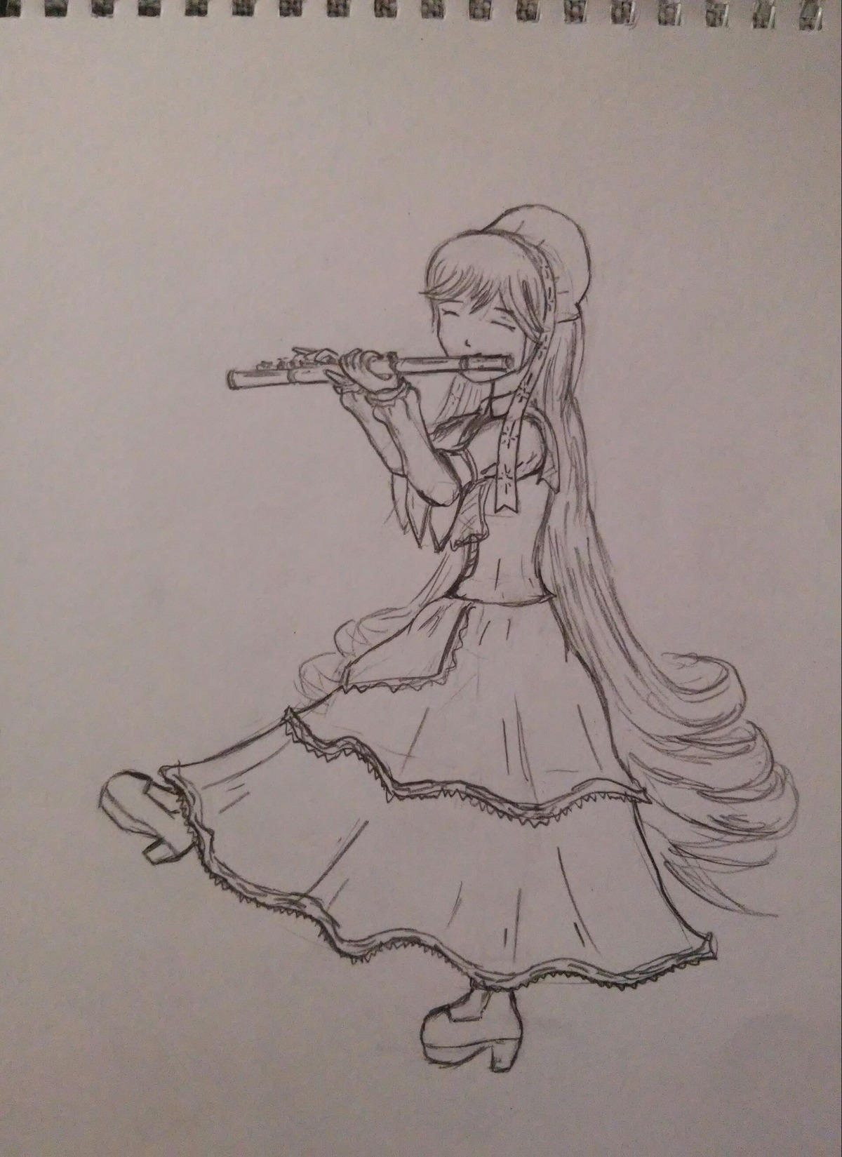 1girl closed_eyes full_body gun high_heels holding_weapon image instrument long_hair monochrome music photo playing_instrument skirt solo suiseiseki traditional_media very_long_hair weapon