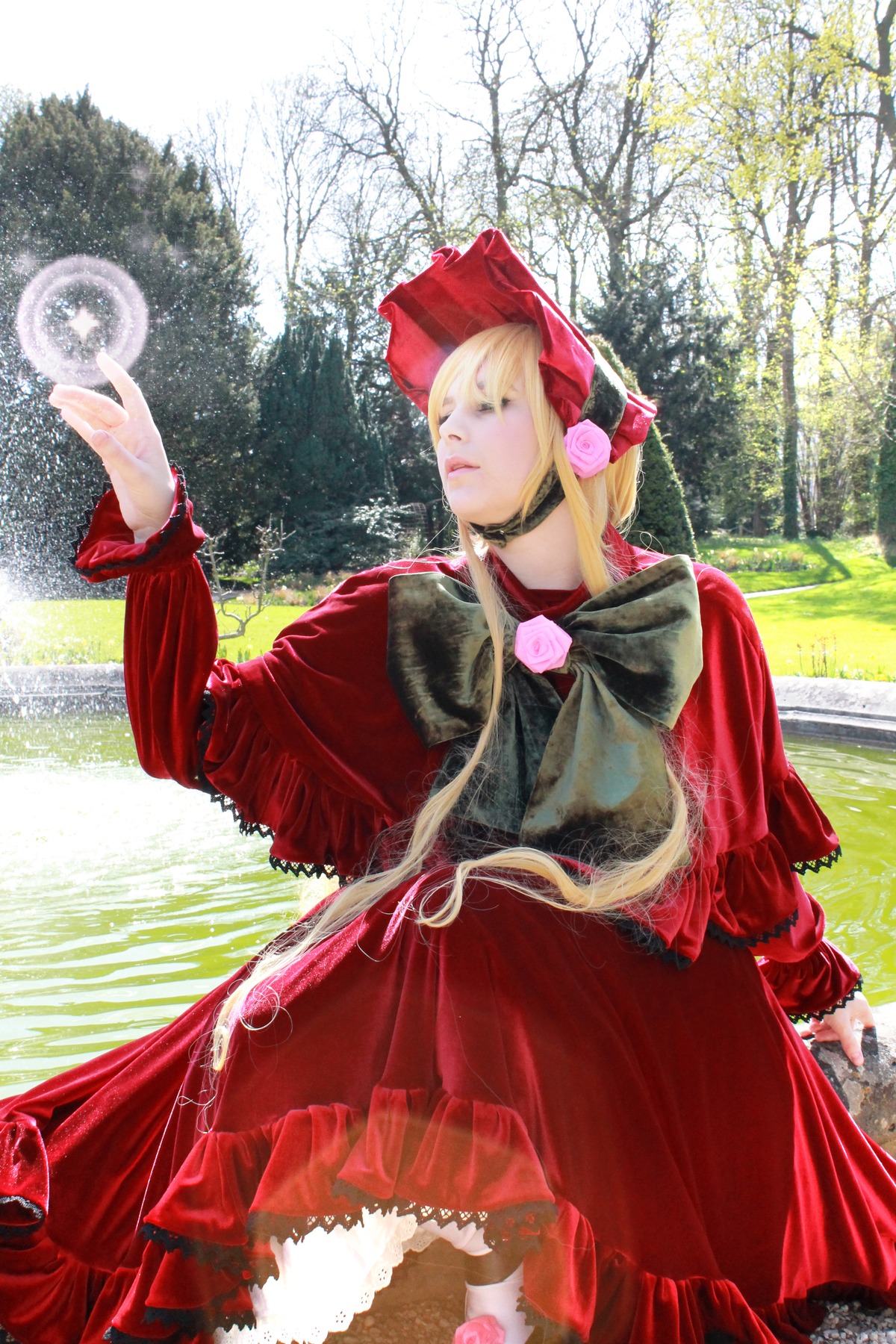 1girl blonde_hair bonnet bow capelet closed_eyes dress long_sleeves shinku solo tree