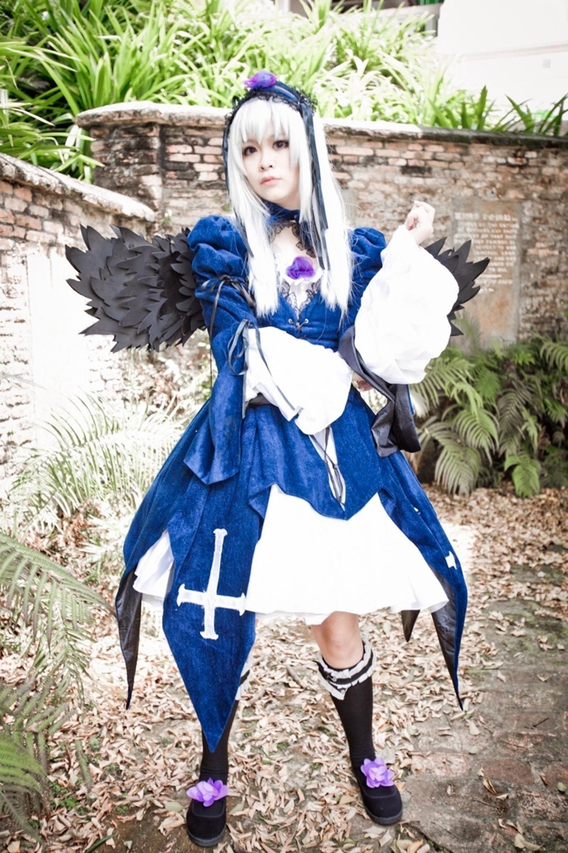 1girl bangs blue_dress dress frills full_body grass long_hair long_sleeves outdoors photo shoes solo standing suigintou white_hair