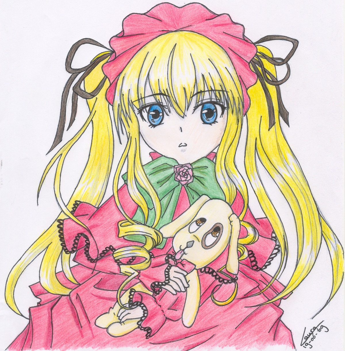 1girl artist_name blonde_hair blue_eyes bonnet bow dress flower frills hair_ribbon holding image long_hair long_sleeves looking_at_viewer marker_(medium) pink_dress pink_rose rose shikishi shinku signature simple_background solo stuffed_animal traditional_media twintails very_long_hair white_background