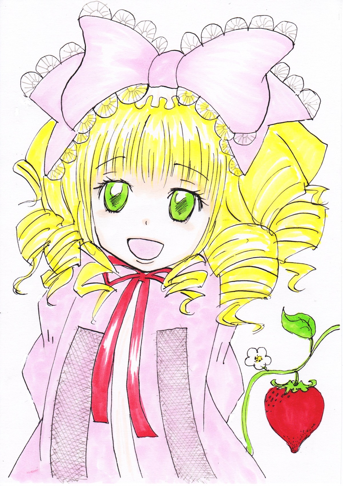 1girl :d blonde_hair bow dress drill_hair flower food fruit green_eyes hat hina_ichigo hinaichigo image long_sleeves looking_at_viewer open_mouth pink_bow simple_background smile solo strawberry traditional_media upper_body white_background