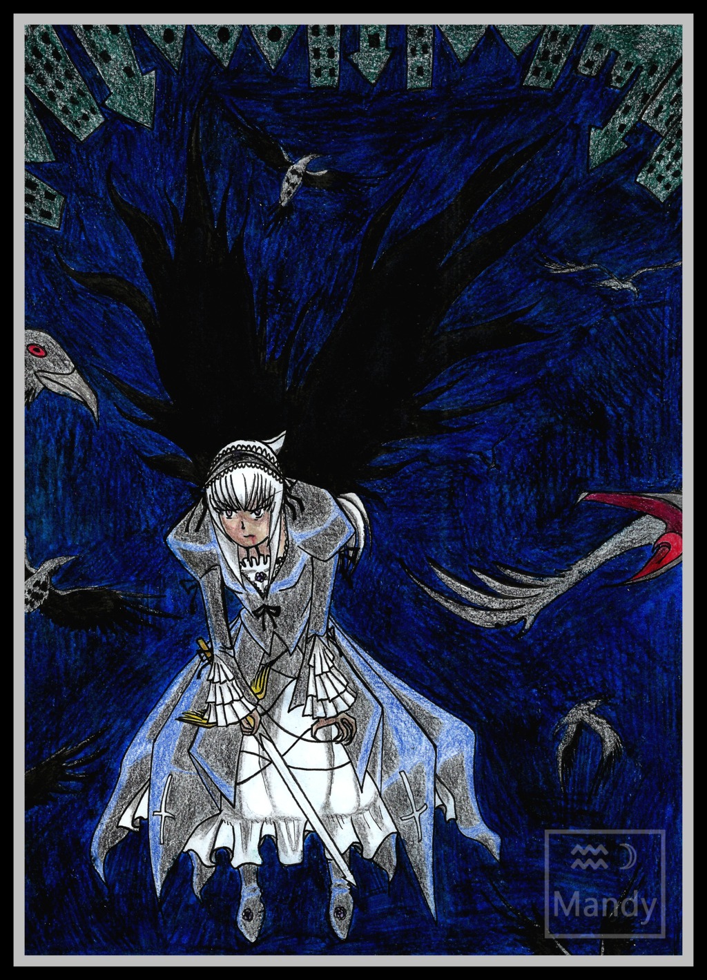 1girl armor bird black_border black_feathers border crow dress feathers holding image letterboxed pillarboxed solo suigintou weapon white_hair windowboxed wings