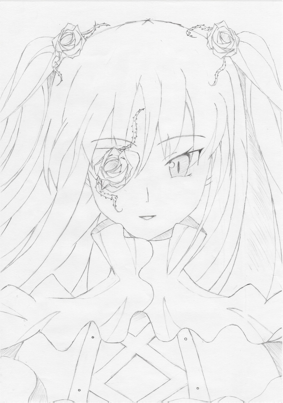 1girl flower greyscale hair_flower hair_ornament image kirakishou long_hair monochrome rose solo tears