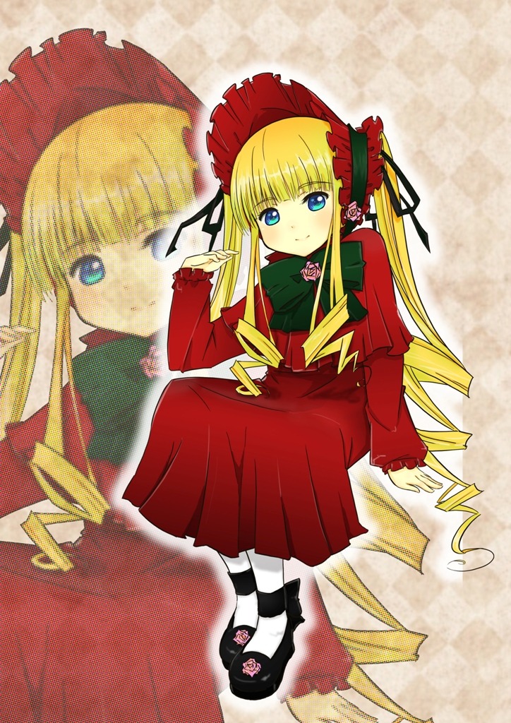 1girl bangs black_footwear blonde_hair blue_eyes blush bonnet bow bowtie dress drill_hair full_body image long_hair long_sleeves looking_at_viewer red_dress shinku shoes sidelocks solo standing twin_drills twintails very_long_hair zoom_layer