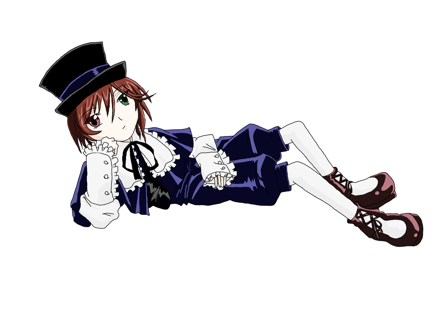 1boy auto_tagged boots brown_hair frills full_body green_eyes hat heterochromia image long_sleeves looking_at_viewer pantyhose red_eyes ribbon shorts solo souseiseki top_hat white_legwear