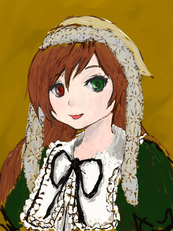 1girl brown_hair frills green_dress green_eyes head_scarf heterochromia image long_hair looking_at_viewer red_eyes simple_background smile solo suiseiseki tongue tongue_out upper_body