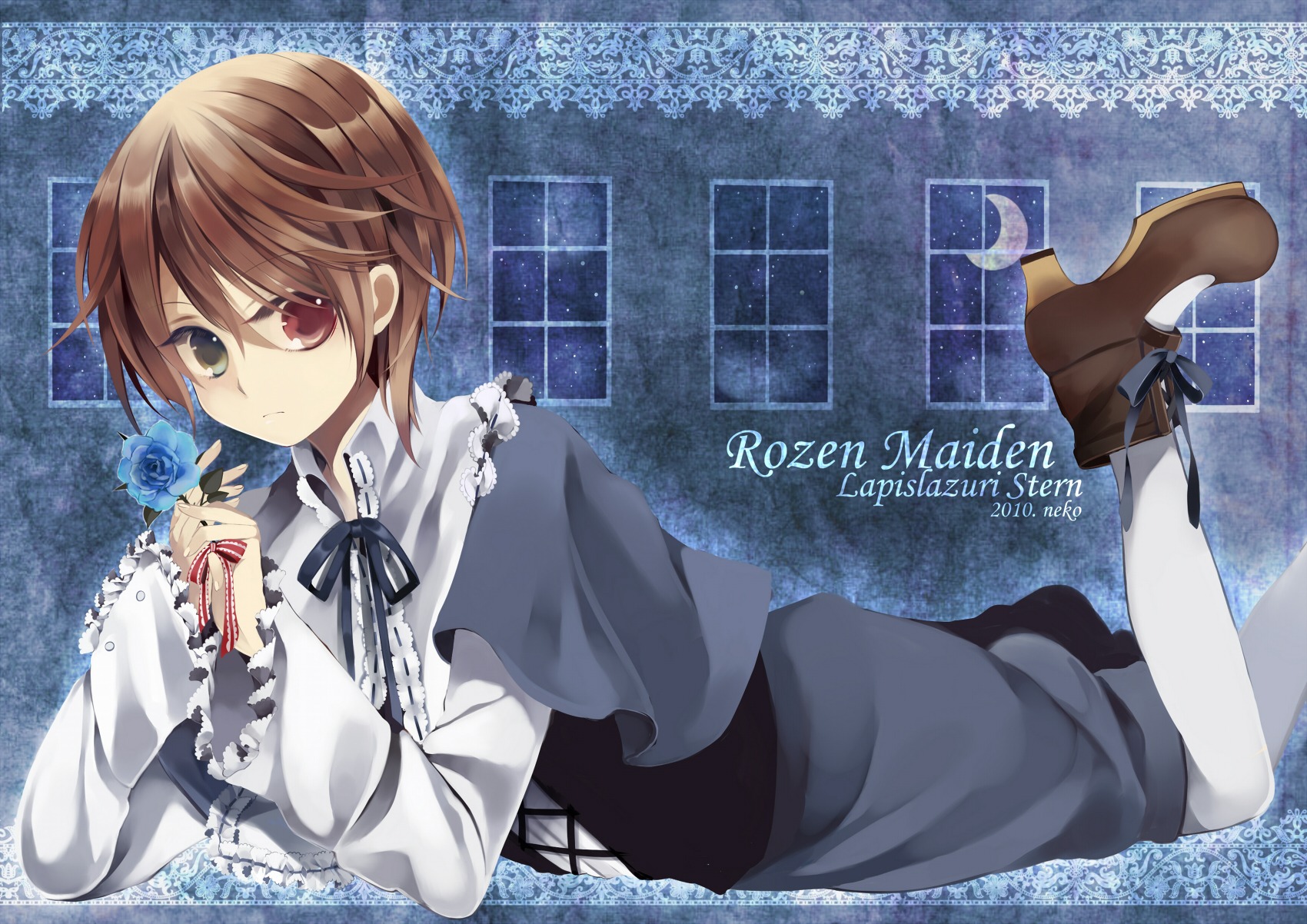1boy 1girl blue_eyes blue_flower blue_rose brown_hair commentary_request flower green_eyes heterochromia highres image long_sleeves looking_at_viewer lying neck_ribbon neko_(natsuiroclassic) no_hat no_headwear on_stomach pantyhose red_eyes reverse_trap ribbon rose rozen_maiden shoes short_hair solo souseiseki white_legwear