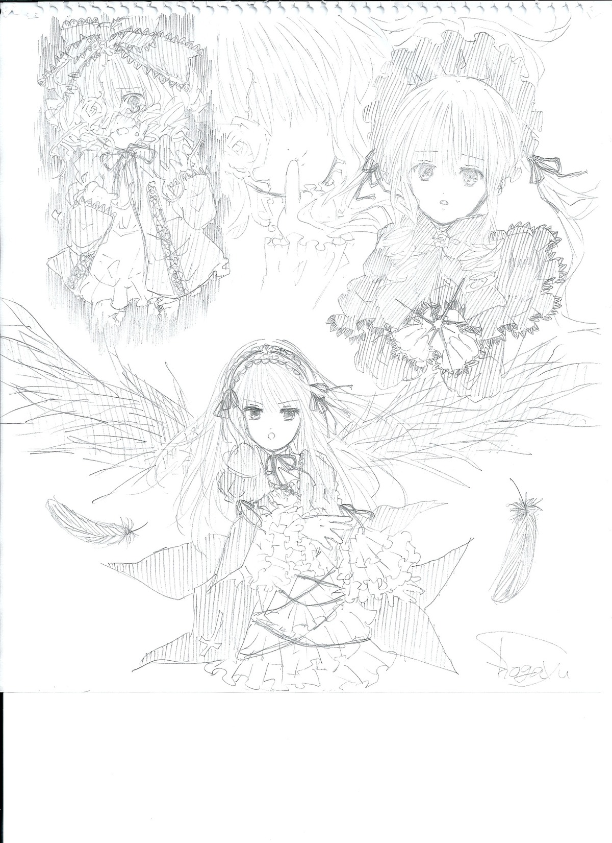 dress feathered_wings feathers flower frills greyscale hairband image long_hair long_sleeves looking_at_viewer monochrome multiple multiple_girls ribbon rose siblings sketch smile suigintou tagme wings