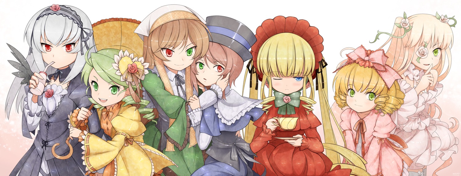 6+girls blonde_hair blue_eyes bow brown_hair dress eyepatch flower frills green_dress green_eyes hairband hat head_scarf heterochromia hina_ichigo image kanaria long_hair long_sleeves looking_at_viewer multiple multiple_girls open_mouth pink_bow red_eyes shinku short_hair siblings silver_hair sisters smile souseiseki suigintou suiseiseki tagme twins wings