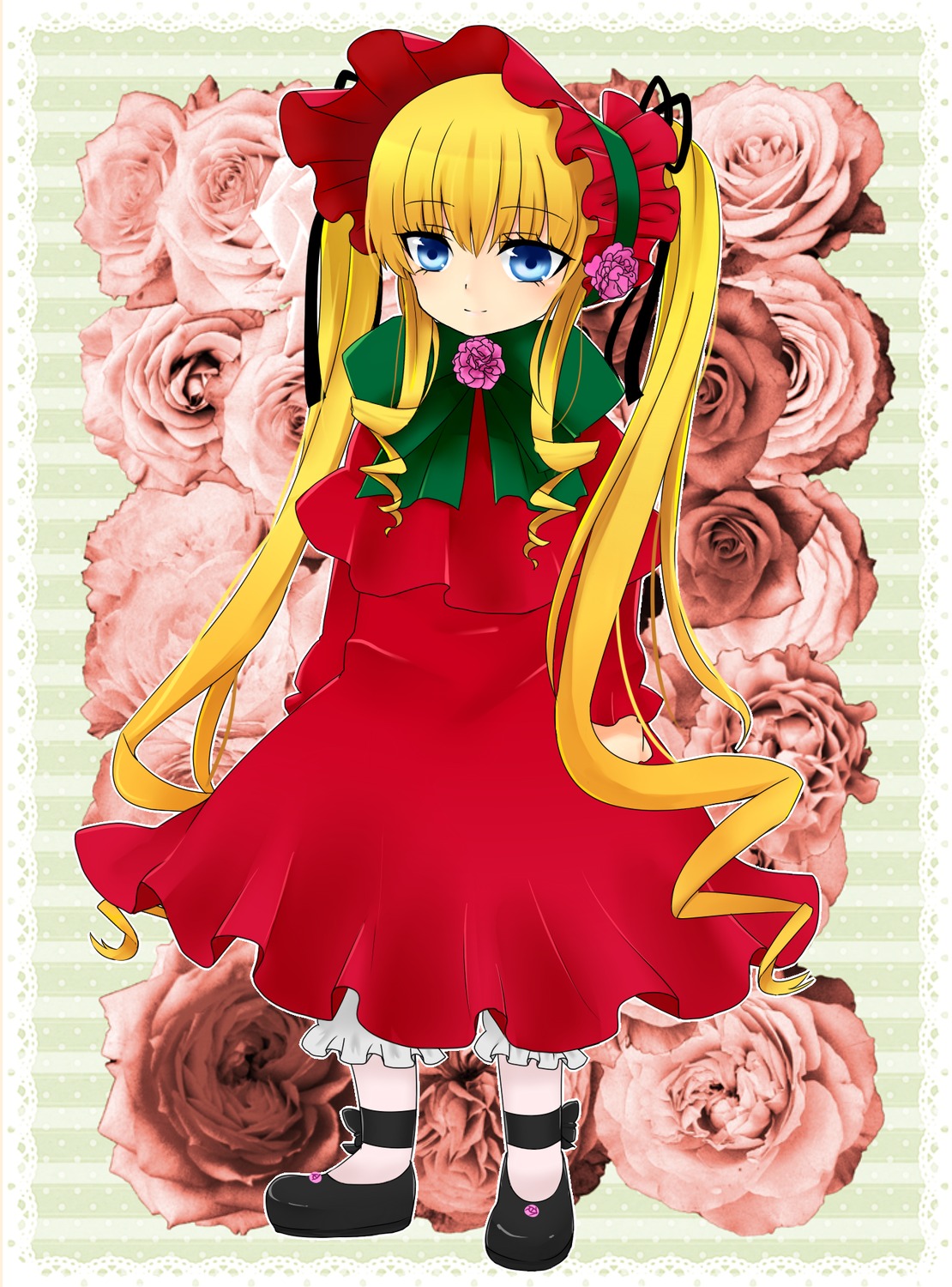 1girl auto_tagged blonde_hair blue_eyes bonnet bow bowtie dress flower full_body green_bow image long_hair long_sleeves looking_at_viewer pink_flower pink_rose red_dress red_flower red_rose rose shinku shoes sidelocks solo twintails