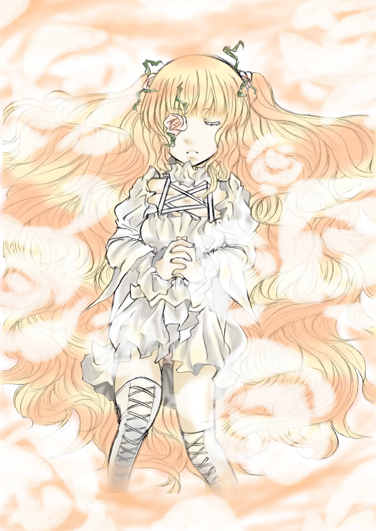 1girl blonde_hair blurry boots closed_eyes cross-laced_footwear dress hair_ornament hands_clasped image kirakishou long_hair long_sleeves own_hands_together puffy_sleeves solo tears very_long_hair wavy_hair white_dress