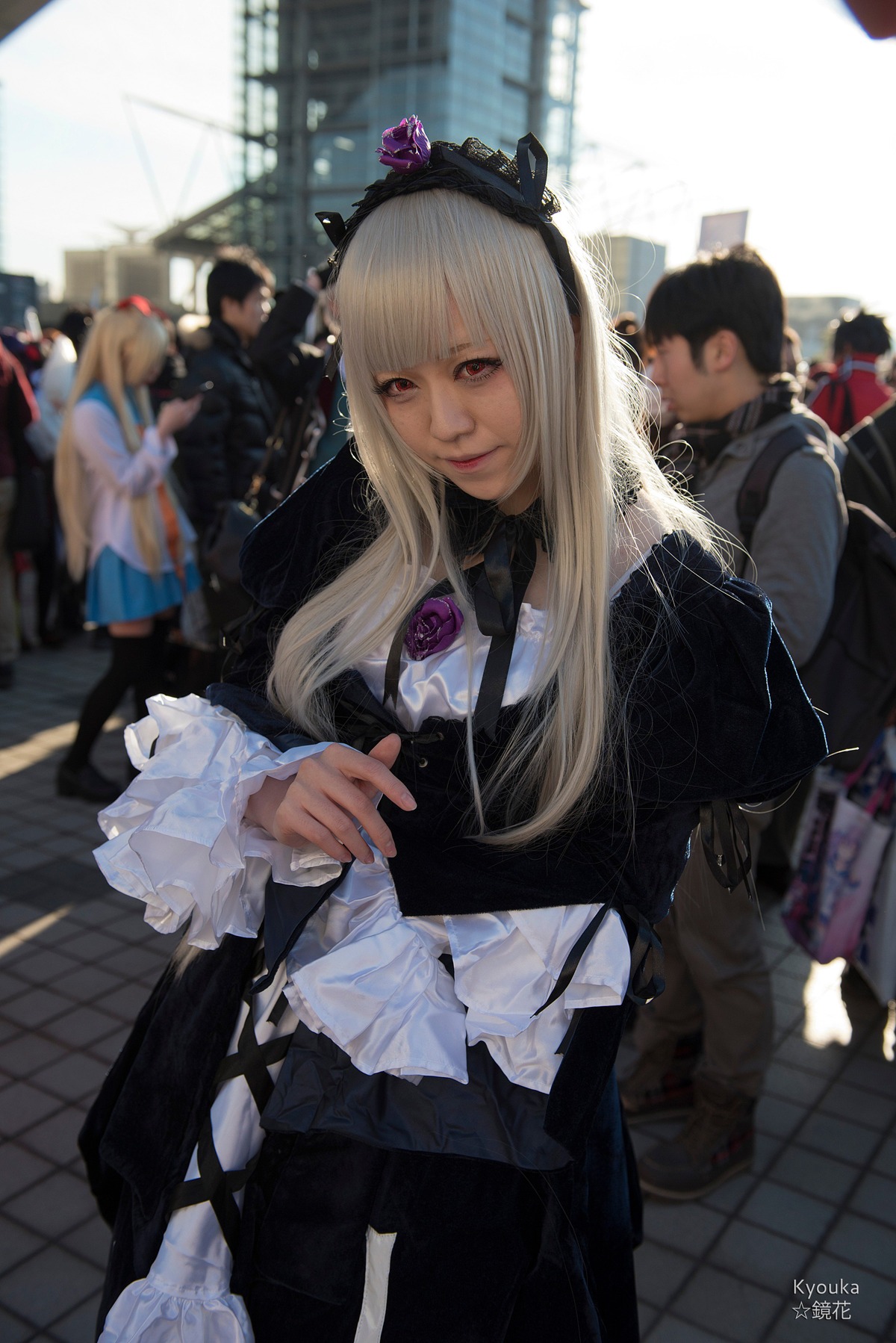 1girl bangs blurry blurry_background chain-link_fence depth_of_field fence frills lips long_hair long_sleeves looking_at_viewer solo solo_focus standing suigintou