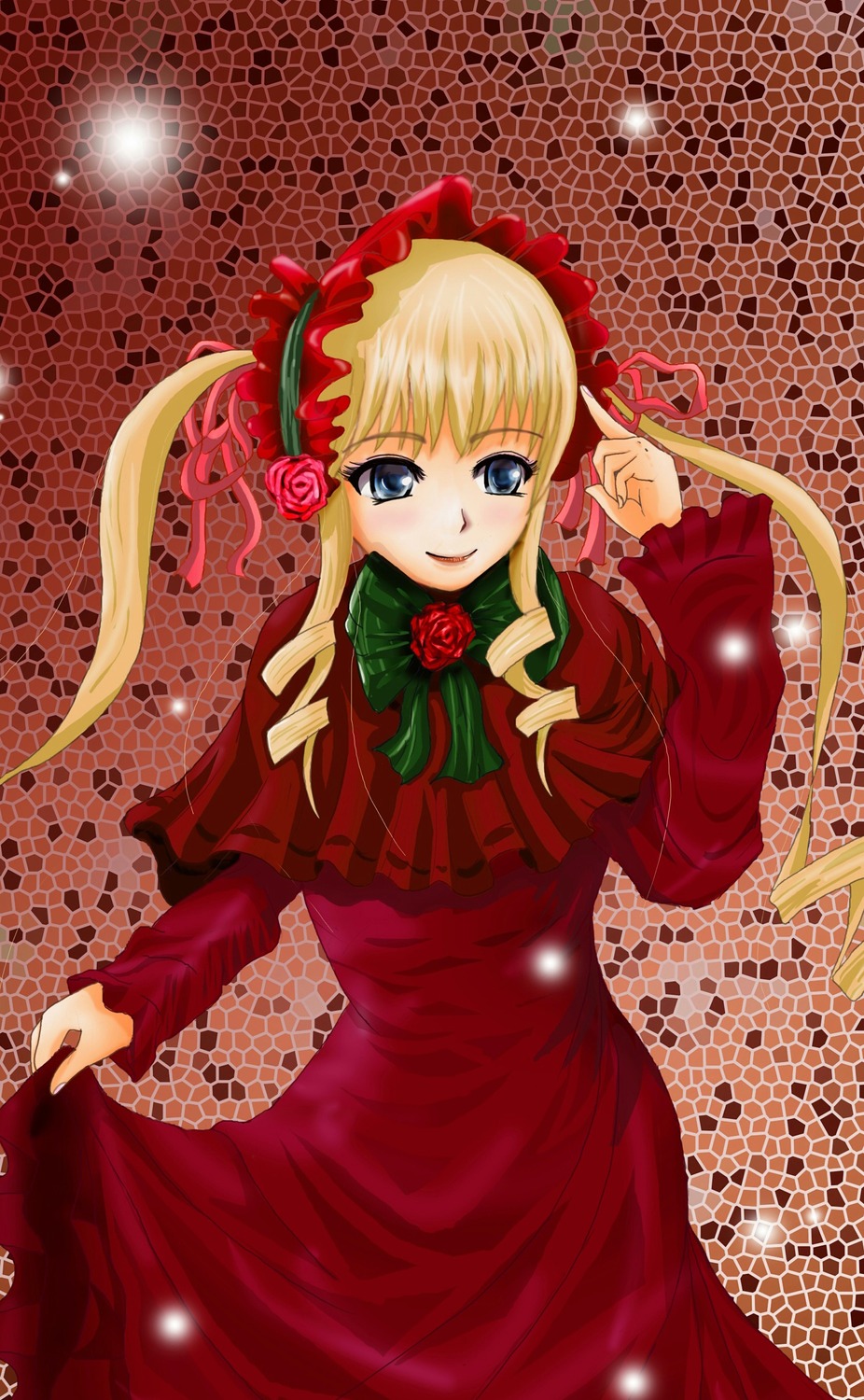 1girl blonde_hair blue_eyes bonnet bow bowtie capelet dress flower green_bow green_neckwear image long_hair long_sleeves looking_at_viewer pink_flower pink_rose red_capelet red_dress rose shinku sidelocks smile solo twintails